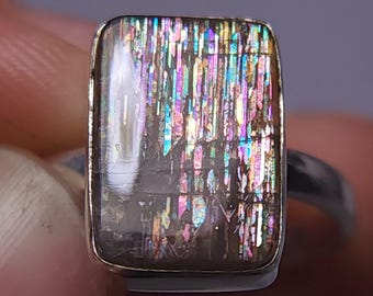 Rainbow Meteor Shower Sunstone Silver Ring 14x10x4 mm A4725