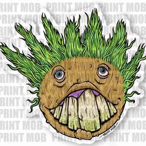 May include: A cartoon illustration of a wooden creature with a large toothy grin. The creature has green hair and blue eyes. The background is white with the text "PRINT MOB" repeated.