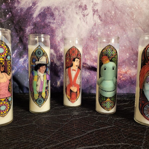 Peewee's Playhouse Candle Set, Hand Illustrated, Peewee, Chairry, Cowboy Curtis, Jambi, Miss Yvonne, 80s, 90s, Prayer Candle, Peewee Herman