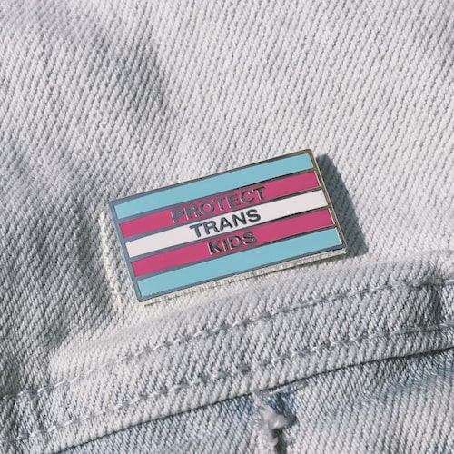 Drumpf.WTF "Protect Trans Kids" Anti-Trump, Pro-Equality Blue, Pink and White Transgender Pride Flag Enamel Lapel Pin