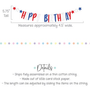 May include: Red, white and blue paper banner that reads "HAPPY BIRTHDAY" with stars. The banner is 14.6 cm tall and 1.37 metres wide.