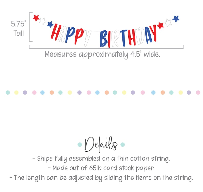 May include: Red, white and blue paper banner that reads "HAPPY BIRTHDAY" with stars. The banner is 14.6 cm tall and 1.37 metres wide.
