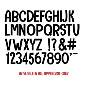 May include: Black and white alphabet and number font with rounded edges. The font is available in all uppercase letters only. The letters are bold and have a slightly cartoonish style.