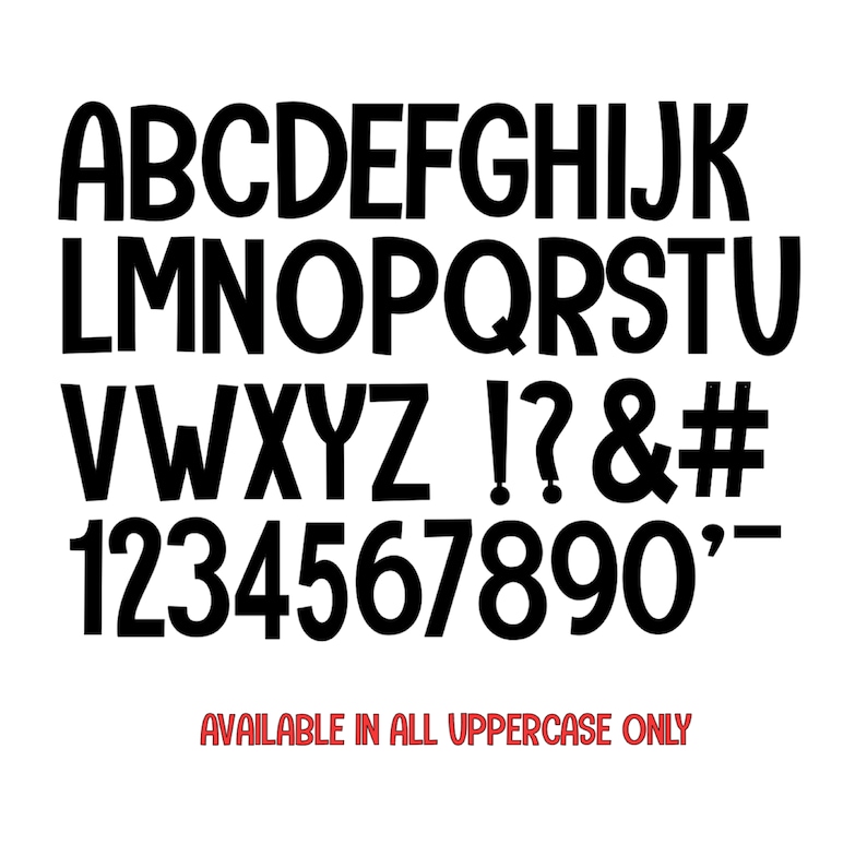 May include: Black and white alphabet and number font with rounded edges. The font is available in all uppercase letters only. The letters are bold and have a slightly cartoonish style.