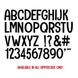 Puede incluir: Fuente de alfabeto y n&uacute;meros en blanco y negro con bordes redondeados. La fuente est&aacute; disponible solo en letras may&uacute;sculas. Las letras son en negrita y tienen un estilo ligeramente de dibujos animados.