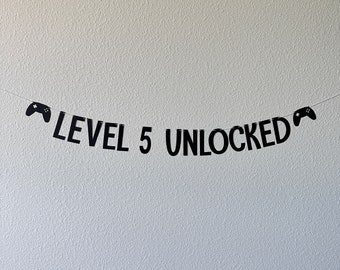 Nível 5 desbloqueado, aniversário de jogador, banner de aniversário de jogo, 5º aniversário, festa de videogame, banner de jogador personalizado, cinco
