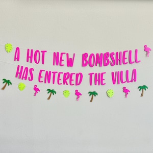 May include: A hot pink banner with the text "A HOT NEW BOMBSHELL HAS ENTERED THE VILLA". The banner is decorated with green palm trees, yellow leaves, and pink flamingo cutouts. The banner is strung on a white string.