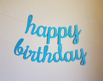 May include: A blue paper banner with the words "happy birthday" in a cursive font.