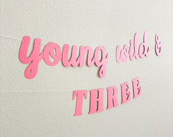 May include: Pink paper banner with the words "young wild & THREE" strung on a white string. The banner is displayed against a textured white wall. The words are in a playful, cursive font.