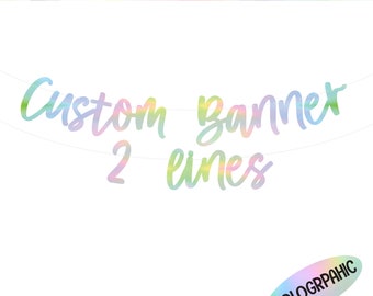Banner personalizado, Banner personalizado de 2 líneas, Banner holográfico personalizado, Banner holográfico, Decoraciones holográficas, Artículos para fiestas, Banner cursivo