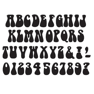 May include: Black and white alphabet and number font in a retro 70s style. The letters and numbers are all uppercase and have a rounded, bubbly shape.