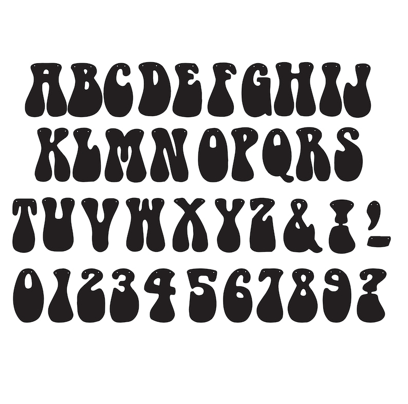 May include: Black and white alphabet and number font in a retro 70s style. The letters and numbers are all uppercase and have a rounded, bubbly shape.