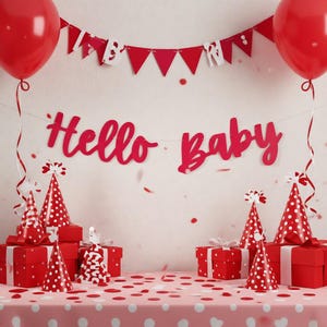 May include: A festive baby shower scene with red balloons, a banner that says "Hello Baby", and party hats. Red gift boxes and confetti are arranged on a pink polka dot tablecloth, creating a celebratory atmosphere. The scene is bright and cheerful.