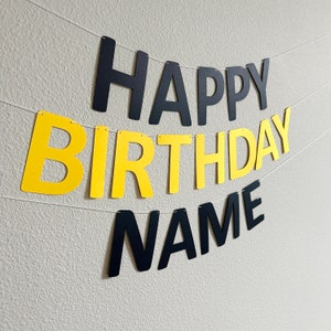 Estandarte de feliz cumpleaños negro y amarillo, estandarte de cumpleaños negro y amarillo, decoración de fiesta negra y amarilla, decoración de fiesta negra y amarilla