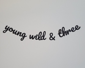 May include: Black banner with the words "young wild & three" in a cursive font. The banner is strung on a thin white string and hangs against a white wall. The banner is a party decoration.