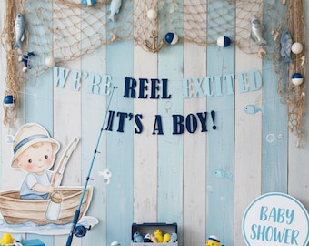 We're Reel Excited It's A Boy, Boy Baby Shower Ideas, Fishing Themed Baby Shower, Fishing Baby Shower Decorations, Boy Baby Shower Party