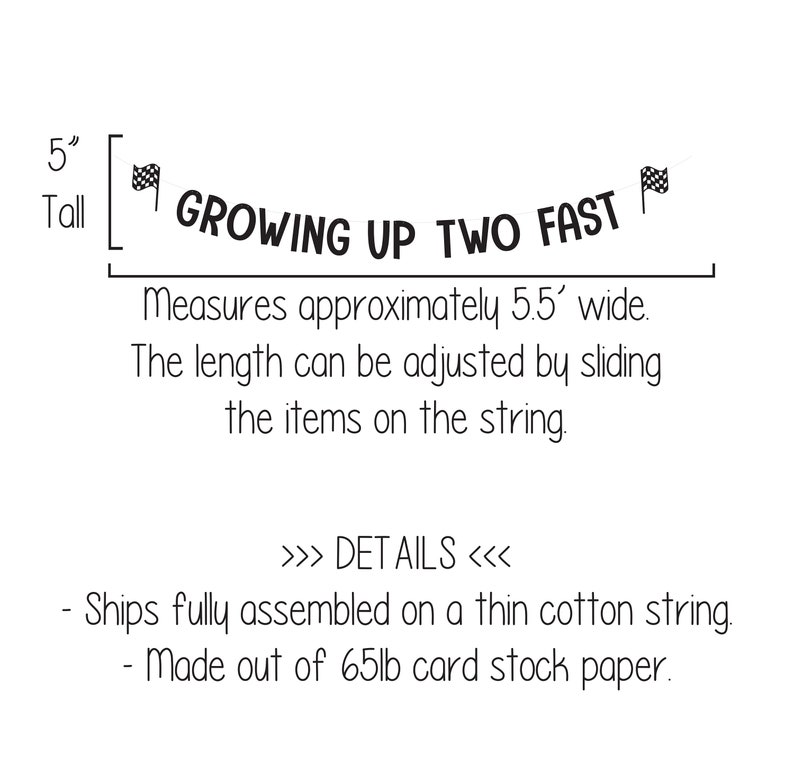Puede incluir: Pancarta en blanco y negro con el texto "GROWING UP TWO FAST" y banderas a cuadros en cada extremo. La pancarta mide 5 pulgadas de alto y 5,5 pies de ancho. La pancarta est&aacute; hecha de papel de cartulina de 65 lb y est&aacute; completamente ensamblada en una fina cuerda de algod&oacute;n.
