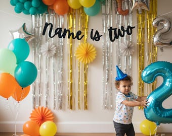 Name is Two Banner | Cursive 2nd Birthday Party Decor