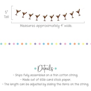 May include: Brown paper martini glass garland with a thin cotton string. The garland measures 5 inches tall and 4 feet wide. The garland is made of 65lb card stock paper.