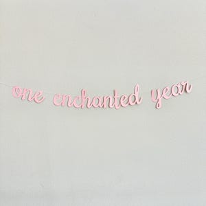 May include: A pink banner with the words "one enchanted year" in a cursive font. The banner is strung on a thin white string and hangs against a plain white background. The banner is suitable for a birthday celebration.