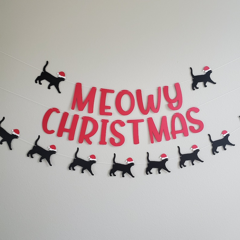 Cat Christmas Garland, Cat Christmas, Meowy Christmas Banner, Christmas Cat Banner, Cat Christmas Banner, Cat with Santa Hat image 3