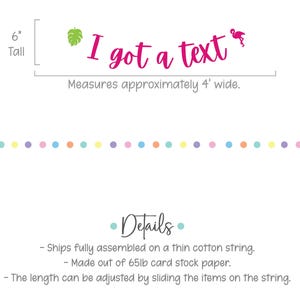 Puede incluir: Una pancarta blanca con el texto "I got a text" en rosa, una hoja verde y un flamenco rosa. La pancarta mide 15 cm de alto y aproximadamente 122 cm de ancho, con una fila de puntos coloridos debajo.