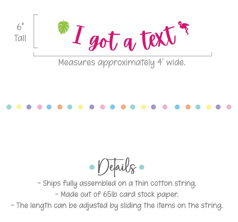 Puede incluir: Una pancarta blanca con el texto "I got a text" en rosa, una hoja verde y un flamenco rosa. La pancarta mide 15 cm de alto y aproximadamente 122 cm de ancho, con una fila de puntos coloridos debajo.