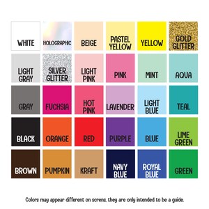 May include: A color chart with 36 different colors, including white, black, red, blue, green, yellow, pink, orange, purple, brown, gray, and teal. The colors are arranged in a grid pattern with the names of each color printed below each square.