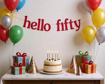 Red Hello Fifty Banner, 50th Birthday Party Decor