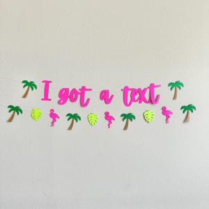 Puede incluir: Una pancarta rosa con la frase "I got a text" en una fuente juguetona. La pancarta est&aacute; decorada con palmeras verdes, hojas amarillas y recortes de flamencos rosas, creando un tema tropical.