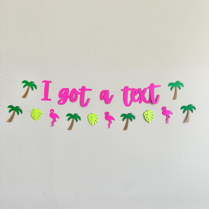 Puede incluir: Una pancarta rosa con la frase "I got a text" en una fuente juguetona. La pancarta est&aacute; decorada con palmeras verdes, hojas amarillas y recortes de flamencos rosas, creando un tema tropical.