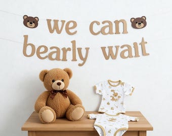 Pancarta "Podemos esperar", pancarta para baby shower con temática de osos, decoración de baby shower con temática de bosque, bonito letrero con chispas para bebé