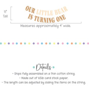 May include: A banner with the text "OUR LITTLE BEAR IS TURNING ONE" in brown and tan lettering. The banner is 11 inches tall and approximately 4 feet wide. A string of pastel-colored dots is below the banner.