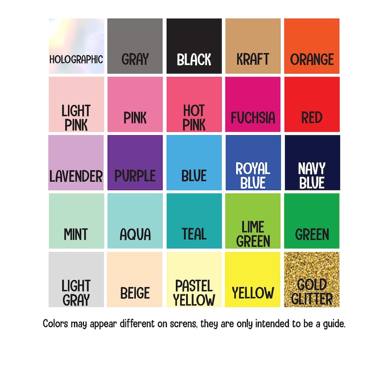 Puede incluir: Una tabla de 25 muestras de color con nombres para cada color. Los colores incluyen hologr&aacute;fico, gris, negro, kraft, naranja, rosa claro, rosa, rosa intenso, fucsia, rojo, lavanda, morado, azul, azul real, azul marino, menta, aguamarina, turquesa, verde lima, verde, gris claro, beige, amarillo pastel, amarillo y dorado con purpurina.