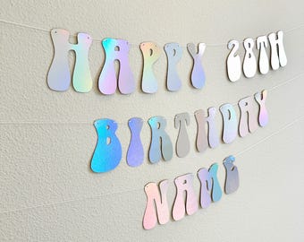 Banner con nombre para feliz cumpleaños número 28 / Decoración retro de cumpleaños de los 70 / Banner holográfico para fiesta / Fondo de cumpleaños disco vintage