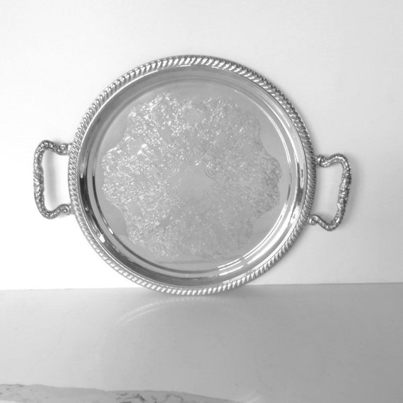 Large Silver Plate Serving Tray Round With Handles - Large Silver Round Mirror Tray Large Silver Plate Serving Tray Round With Handles - Large Silver Round Mirror Tray
