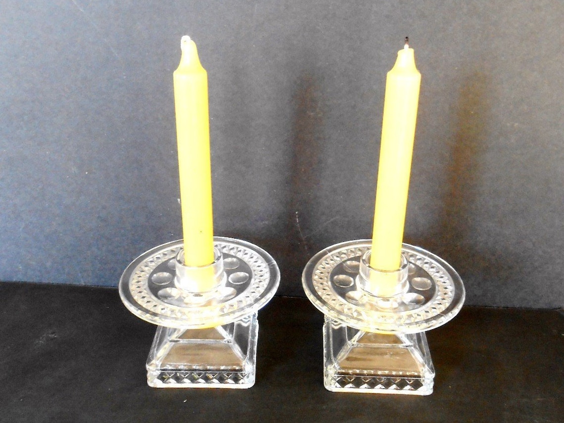 Vintage Clear Glass Candle Holder With Large Plate and Square Etsy