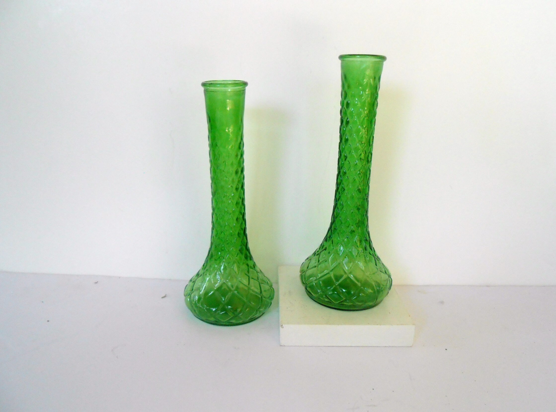 2 Vintage Green Glass Flower VasesGreen Diamond Pattern Vases Etsy