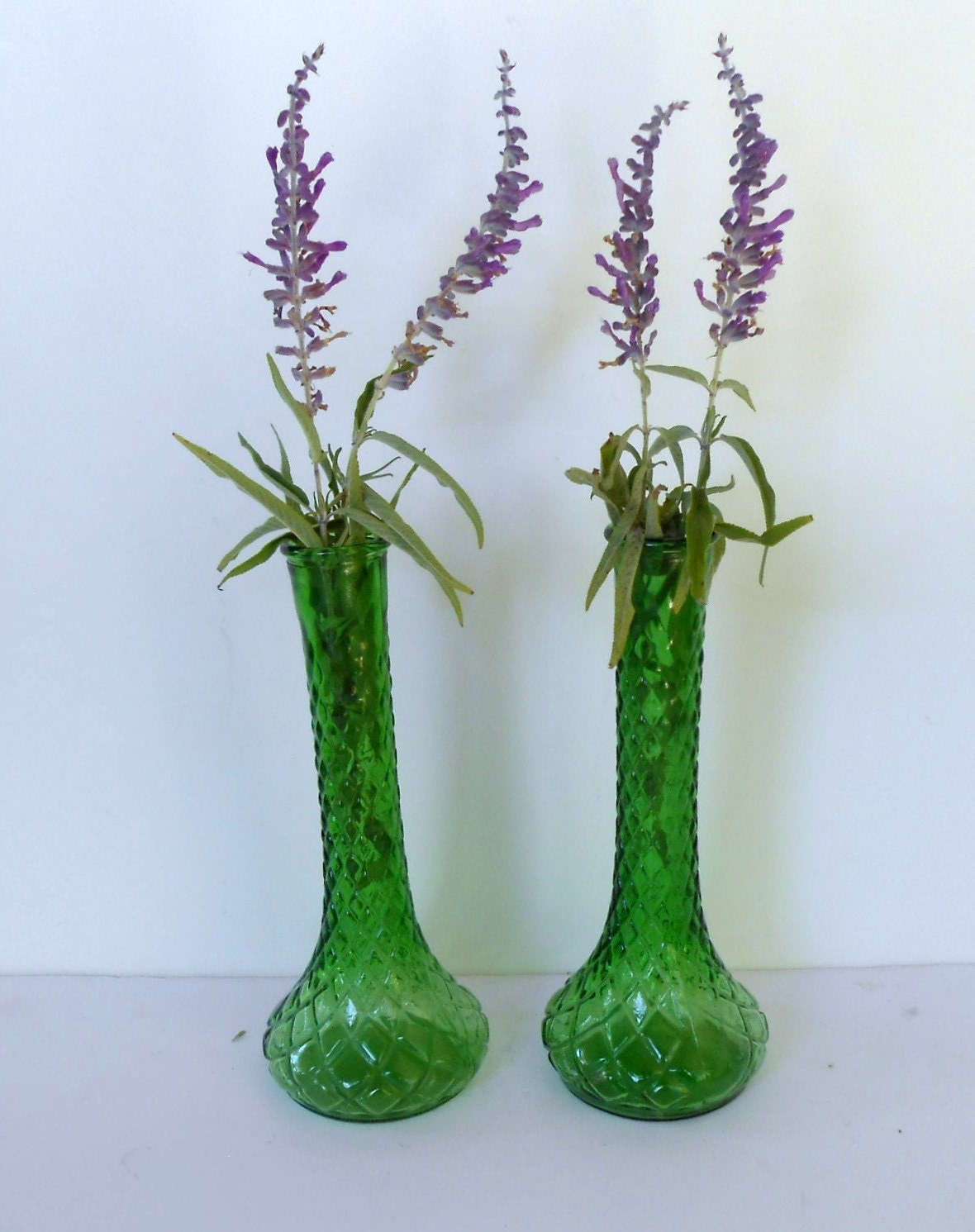 2 Vintage Green Glass Flower VasesGreen Diamond Pattern Vases Etsy