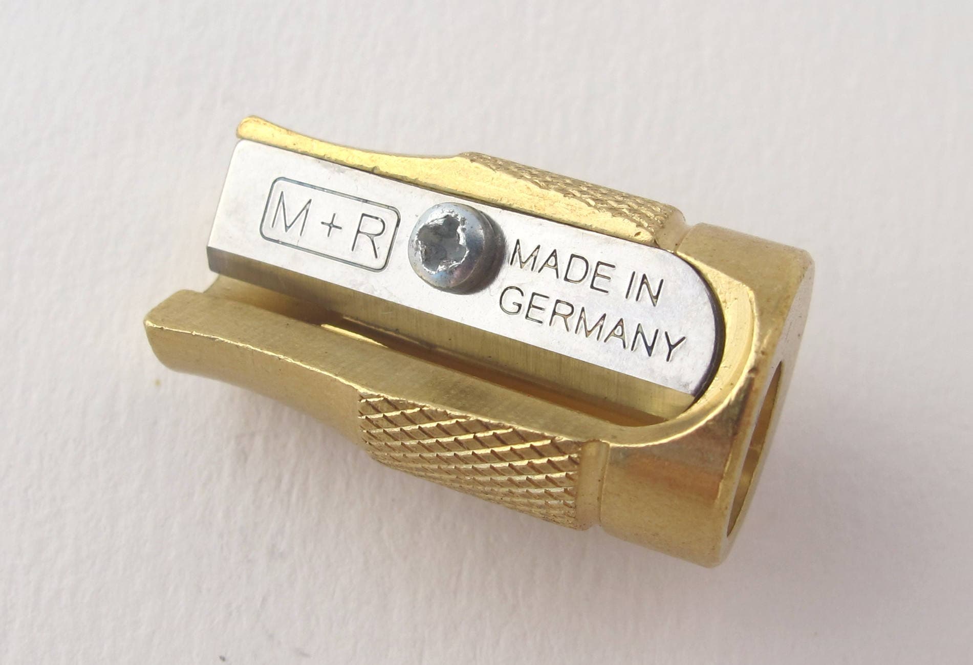M+R POLLUX solid brass pencil sharpener for concave pencil points