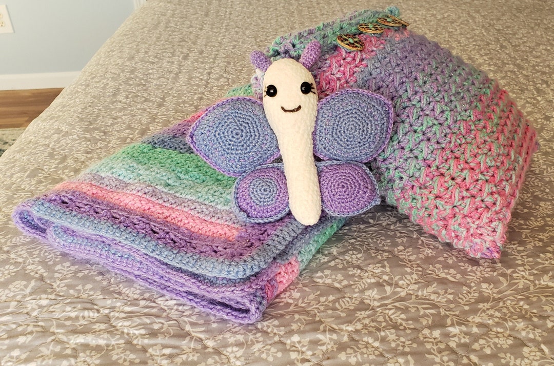 Butterfly Jacob's Ladder Baby Blanket Set Crocheted Multi Pastel Color