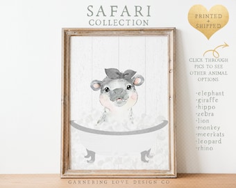 SAFARI BATHROOM PRINTS | Rustic Bathroom Art | Modern Bathroom Art | Baby Hippo | Baby Elephant In Tub | Hippo In Tub | Bathroom Art Prints