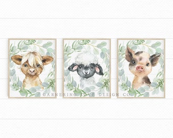 FARMHOUSE NURSERY PRINTS | Rustic Nursery Art | Modern Nursery Art | Neutral Nursery | Highlander Cow | Pig | Green Nursery | Eucalyptus