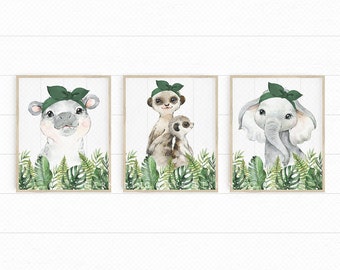 SAFARI NURSERY PRINTS | Rustic Nursery Art | Modern Nursery Art | Neutral Nursery | Elephant | Hippo | Giraffe | Emerald Green Nursery