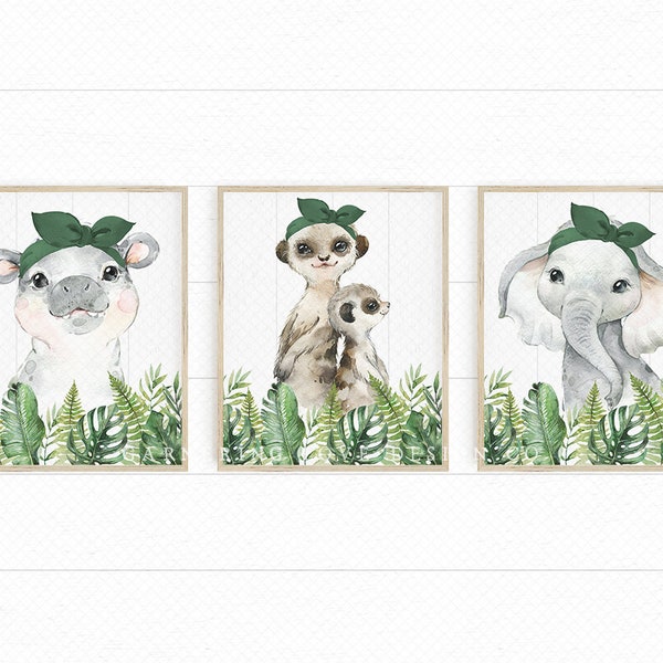 SAFARI NURSERY PRINTS | Rustic Nursery Art | Modern Nursery Art | Neutral Nursery | Elephant | Hippo | Giraffe | Emerald Green Nursery