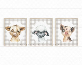 FARMHOUSE NURSERY PRINTS | Rustic Nursery Art | Modern Nursery Art | Neutral Nursery | Highlander Cow | Sheep | Neutral Buffalo Check