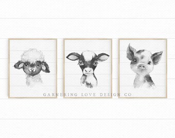 FARMHOUSE NURSERY PRINTS | Rustic Nursery Art | Modern Nursery Art | Black + White Nursery | Highlander Cow | Sheep | Pig | Lamb | Bunny