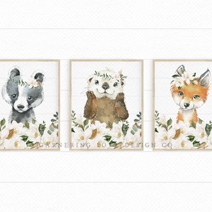 WOODLAND NURSERY PRINTS | Rustic Nursery Art | Floral Nursery | Owl | Fox | Bunny | Rabbit | Hog | Hedgehog | Magnolia Nursery | Shiplap