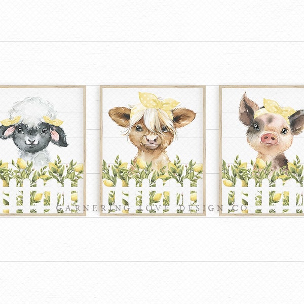 FARMHOUSE NURSERY PRINTS | Rustic Nursery Art | Modern Nursery Art | Floral Nursery | Highlander Cow | Pig | Lamb | Lemon Print