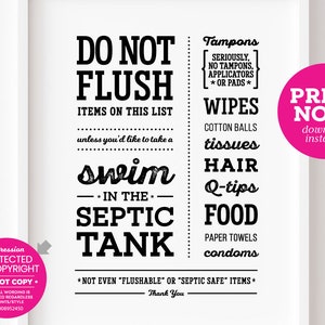 Funny PRINTABLE Septic System Bathroom Sign, Wanna Take a Swim in the Tank? Do not Flush sanitary feminine products, Cute Toilet Art Humor